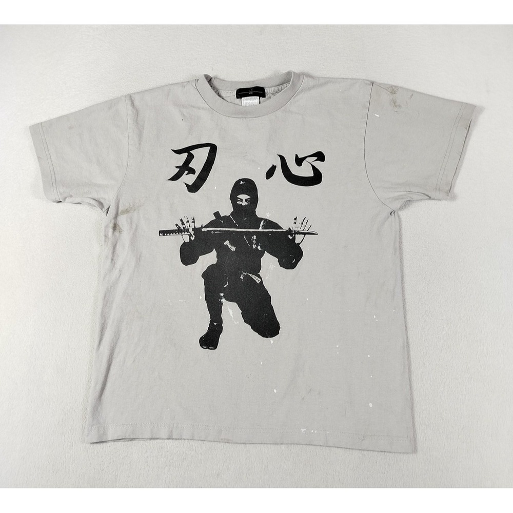 Ninja Japan Shirt Mens Medium Gray Kanji‎ Graphic Tee Martial Arts Ninja Paint